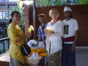 Dayu, Pasek me and Yaniq preparing some offerings